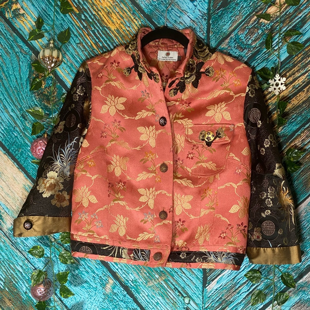 Refash Studios Upcycled Art Pink Button Down Gold… - image 1
